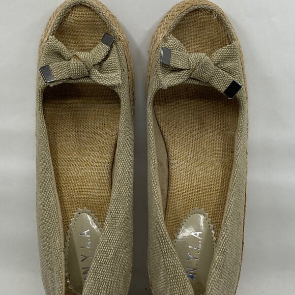 N.Y.L.A. Light Tan Women Size 7.5 Espadrilles Wedges Bow Open Toe Shoes - Picture 5 of 10